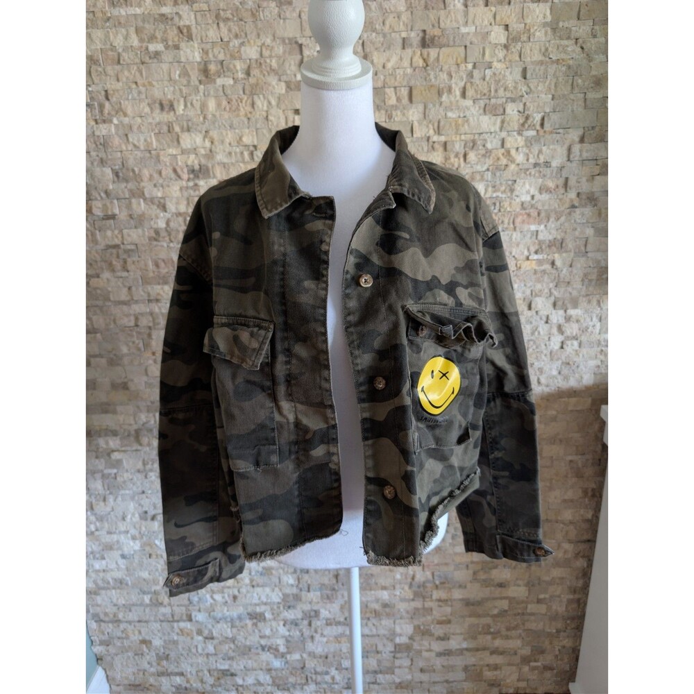 Primark x Smiley World Camo Shacket Cropped Distressed Utility Jacket Sz 16 XL